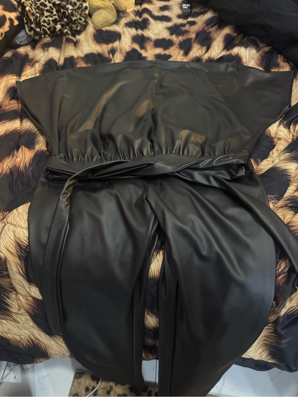 Fashion Nova Black Faux Leather Wide-Leg Jumpsuit with Waist Tie